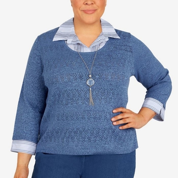 Alfred Dunner Shenandoah Valley Pointelle Shirt Sweater Women PL Collar - Picture 1 of 9